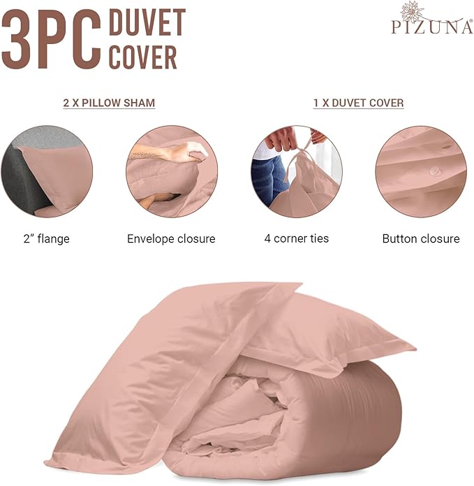 Pizuna Pure 100% Cotton Queen Duvet Cover Set, Luxurious 400 Thread Count Long Staple Cotton Sateen Weave with Button Closure (Combed Misty Rose Cotton Duvet Cover Queen)