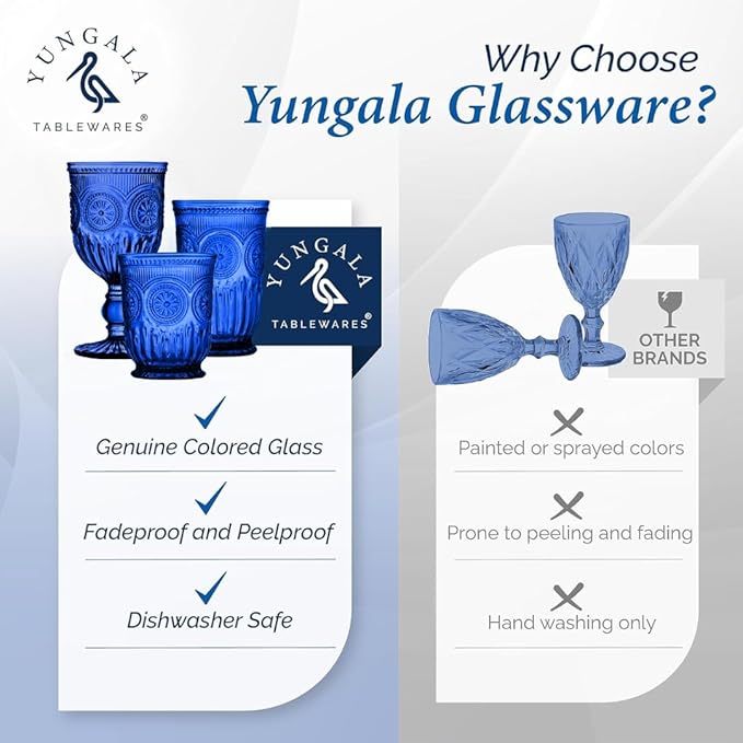 Yungala Cobalt Blue Wine Glasses Set of 6 Blue Goblets - Handcrafted Vintage Glassware with Sunflower Motif, Dishwasher Safe Cobalt Blue Glassware