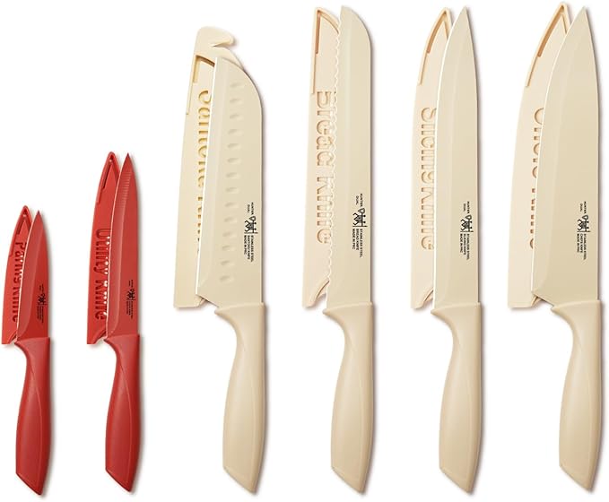 Knife Set, 12-PC Colorful Kitchen Knife Set, 6 Sharp Kitchen Knives with Covers for Cooking, Cutting&Chopping (Beige)