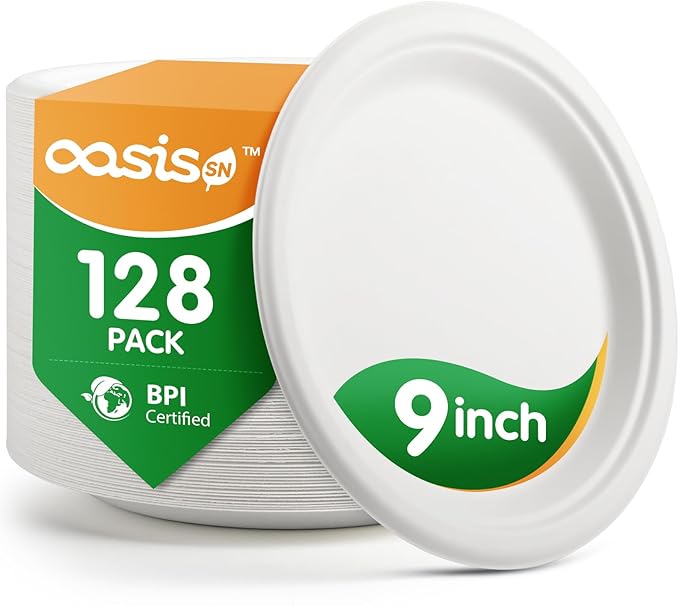 𝟗 𝐈𝐧𝐜𝐡, 𝟏𝟐𝟖-𝐏𝐚𝐜𝐤 Compostable Paper Plates, Heavy-Duty Biodegradable Disposable Dish Made from Bagasse, Perfeck for Snacks, Desserts, Party, Wedding and More (White)