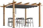10x10 Ft Outdoor Retractable Pergola with Adjustable Roof Modern Metal Patio Gazebo, Upgraded Faux Wood Grain Aluminum Pergola for Deck, Backyard Gardens, Porches, Grapevines, Grey
