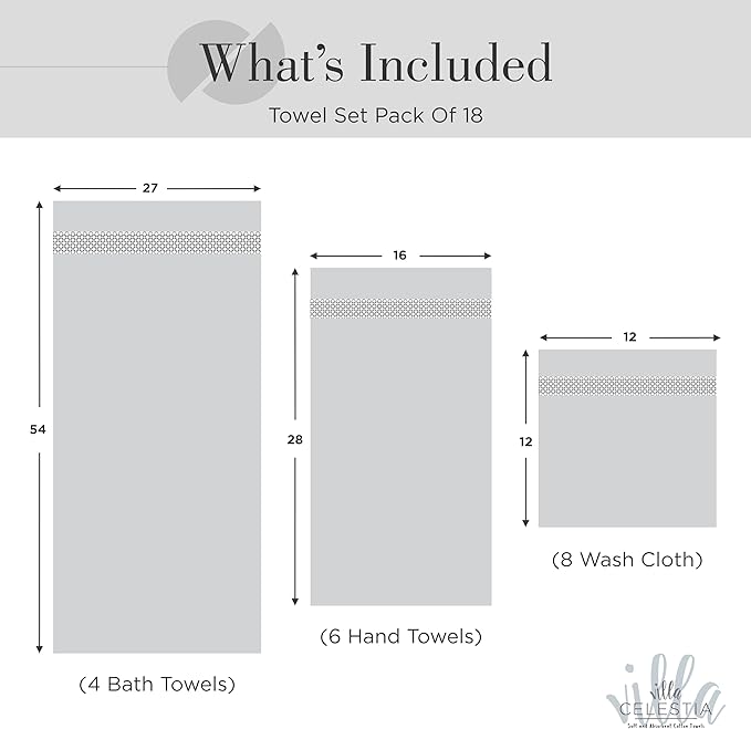 100% Cotton Bath Towel Set of 18-4 Bath Towels, 6 Hand Towels, 8 Wash Cloths, Sustainable, Soft, Highly Absorbent, Combed Cotton 18 Piece Set for Hotels, Spa, Bathroom, Dorm, White