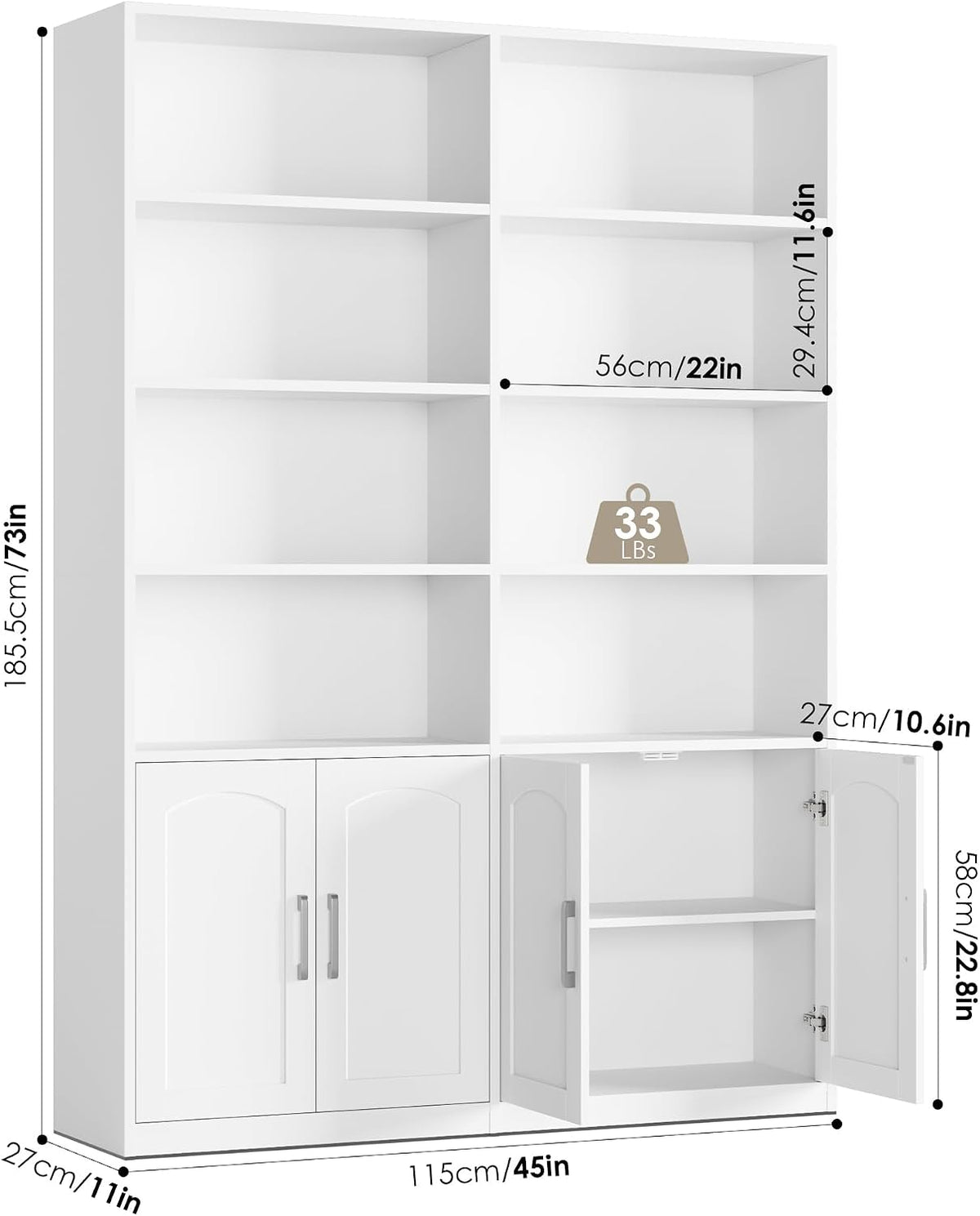 FACBOTALL Bookshelf and Bookcase with Doors, Double Wide Large Bookshelves