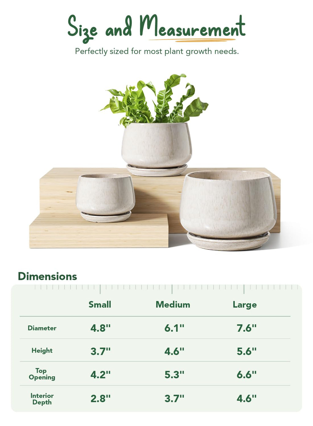 LE TAUCI Plant Pots, 4.1+5.1+6.5 inch, Set of 3, Ceramic Planters with Drainage Hole and Saucer, Indoor Flower Pot with Hole Mesh Pad, Gifts for Mom, Reactive Glaze Beige