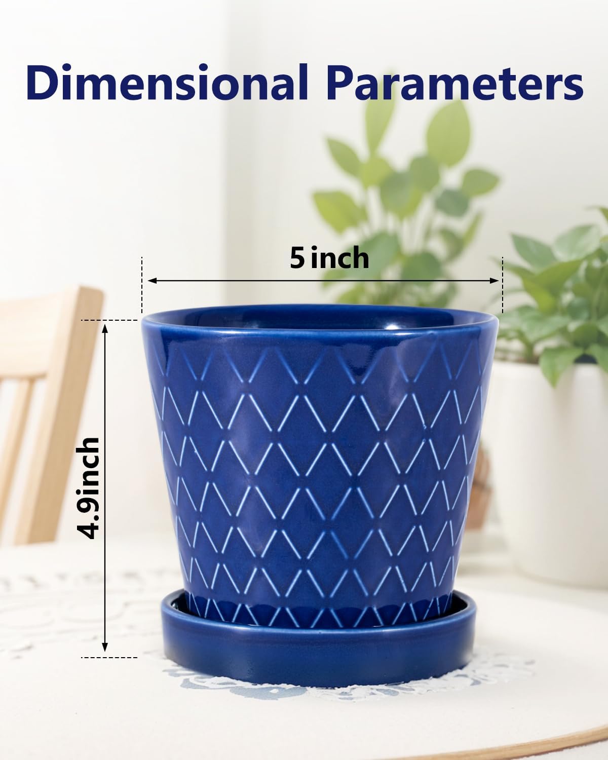 EFISPSS Ceramic Plant Pots, 5Inch Pots for Indoor Plants, Planters with Drainage Holes and Ceramic Tray,Plant Lover Gift, Desktop Office Windowsill Decoration Gift Set of 4 - Blue