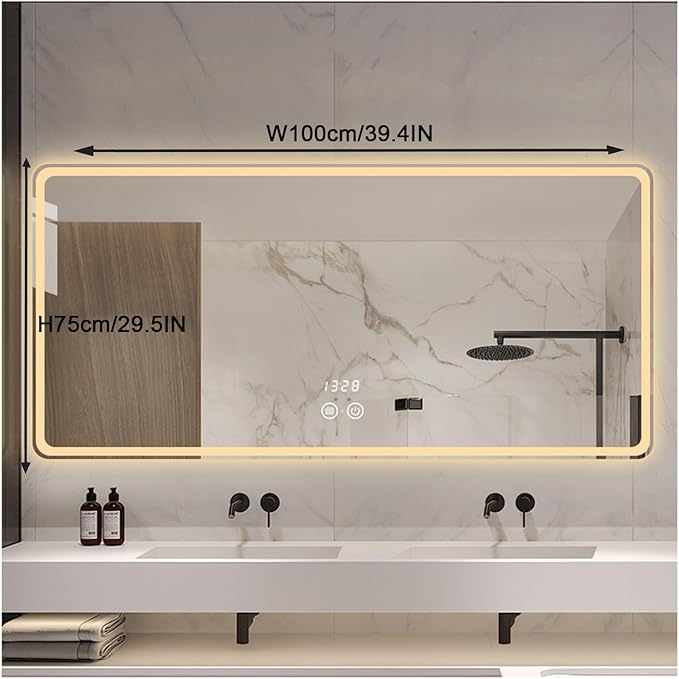 Smart Lighted Bathroom Mirror for Wall，Bathroom Mirror with LED Lights，Energy-Saving LED Smart Mirrors，LED Mirror for Bathroom，with Demister Pad and Smart Touch Switch(H75*W100cm/H29.5*W39.4IN)