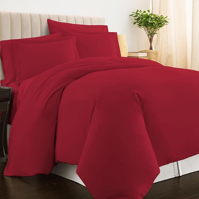 Pizuna Pure 100% Cotton Queen Duvet Cover Set, Luxurious 400 Thread Count Long Staple Cotton Sateen Weave with Button Closure (Combed Red Burgundy Cotton Duvet Cover Queen)