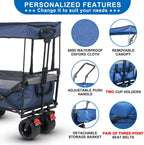SKYMANOR Collapsible Wagon with Removable Canopy, 3-in-1 Heavy Duty Garden Cart with Big All-Terrain Wheels, Brakes, Adjustable Push Pull Handle, Cooler Bag, 300LBS Wagon Cart for Camping (Blue)