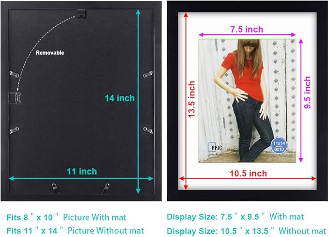 RPJC 11 x 14 Picture Frames Made of Solid Wood and High Definition Glass Display Pictures 8x10 with Mat or 11x14 Without Mat for Wall Mounting Photo Frame Black