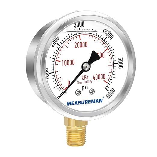MEASUREMAN 2-1/2" Dial Size, Glycerin Filled Pressure Gauge, 0-6000psi/kpa, 304 Stainless Steel Case, 1/4" NPT Lower Mount