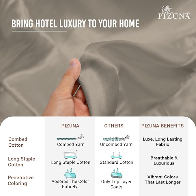 Pizuna 100% Cotton King 3 Pc Duvet Cover + 1 Pc Fitted Sheet Set 400 Thread Count Simply Taupe Sateen Weave Luxurious Long Staple Cotton 4 Piece Bedding Set-1 Duvet Cover,2 Pillow Shams,1 Fitted Sheet