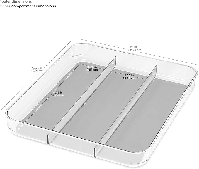 madesmart Utensil Tray - Large | Light Grey | Clear Soft Grip Collection | 3-compartment | Soft-grip Lining | Non-slip Feet | BPA-free
