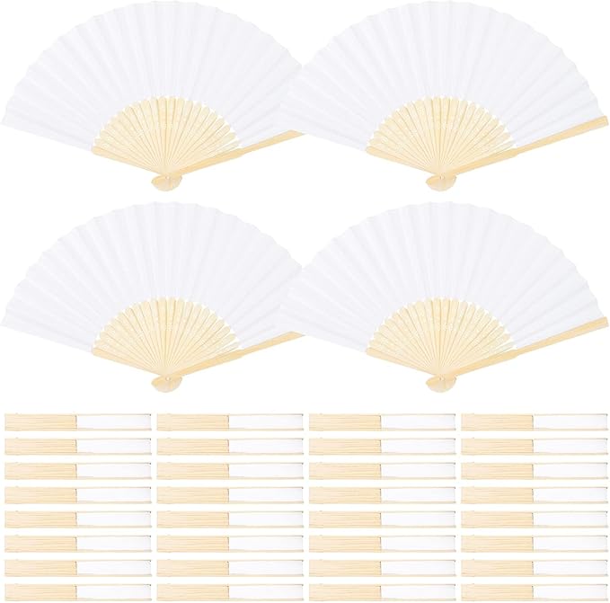 Aneco 36 Pieces Handheld Paper Fans Paper Folding Fans with Bamboos for Wedding Gift, Party, Home, DIY, White