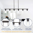 6-Light Kitchen Island Lighting Fixtures, Clear Glass Farmhouse Pendant Lights Hanging Chandelier in Oil Rubbed Bronze for Dining Room Table Cafe Bar