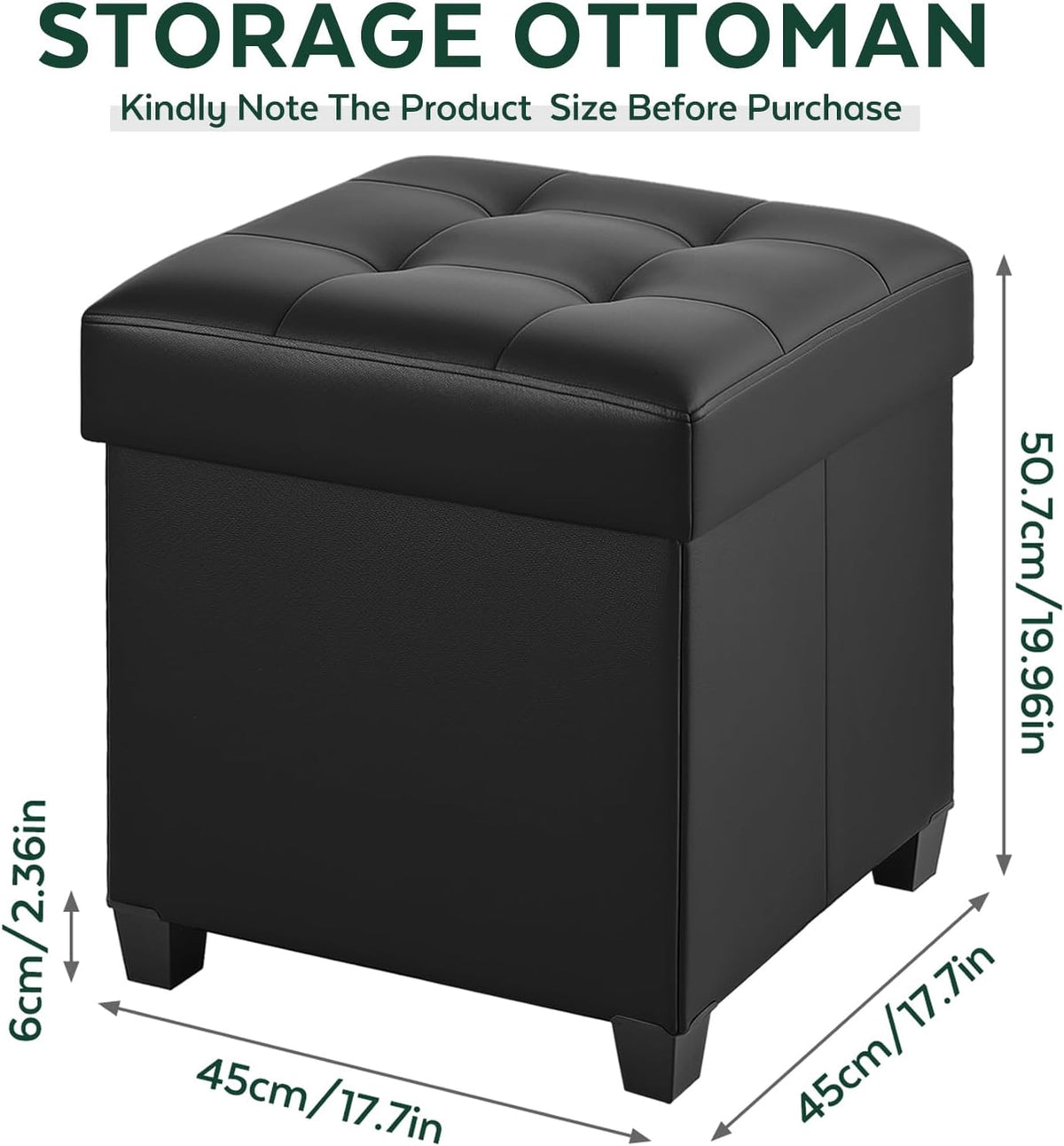 17.7" Ottoman with Storage, Square Storage Ottoman for Dorm, Faux Leather Ottomans with Legs for Living Room, Bedroom, Black