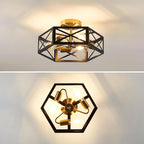Modern Flush Mount Ceiling Light, 3-Light Black Gold Hallway Light Fixtures Ceiling Mount, Industrial Close to Ceiling Light with Metal Hexagon Cage Ceiling Lamp for Kitchen, Bedroom, Bathroom