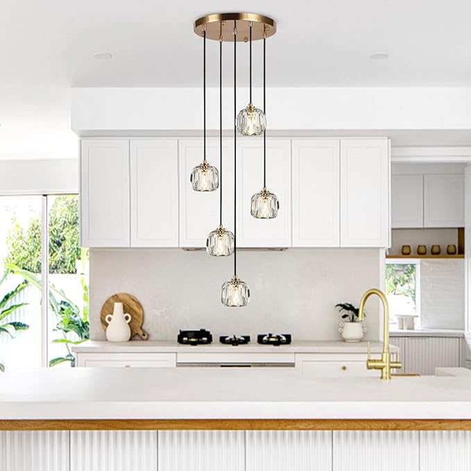5 Light Pendant Lighting, Brushed Brass Cluster Pendant Light Fixture Kitchen Island, Modern Crystal Pendant Chandelier Hanging Lights for Dining Room Foyer
