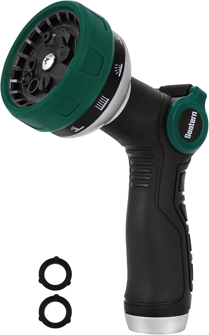 Heavy Duty Garden Hose Nozzle, Water Hose Sprayer Nozzle with Thumb Flow Control, 10 Spray Patterns, High Pressure Hose Nozzle for Lawn & Plant Watering, Car & Pet Washing – Forest Green