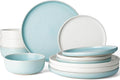 Famiware Milkyway Plates and Bowls Sets, 12 Pieces Dinnerware Sets, Reactive Glaze Dish Set, Stoneware Dishes Set for 4, Matte White & Light Blue