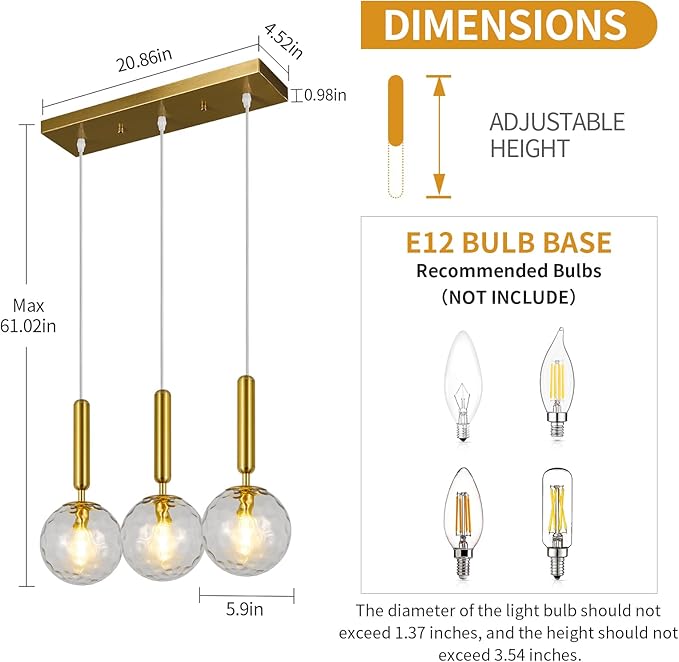 Mid Century Globe Pendant Light with Clear Glass for Kitchen Island Modern Gold Finish Hanging Light Fixture Retro Round Pendant Lighting for Living Room Bedroom Entryway(3-Light)