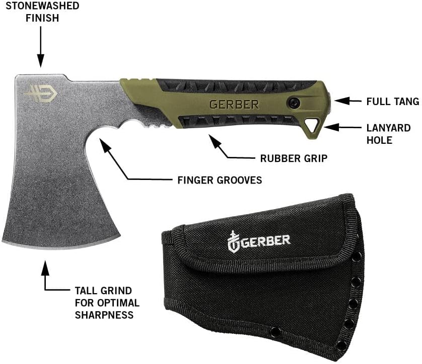 Gerber Gear Pack Hatchet - 3.5" Steel Blade Axe with Full Tang - Survival, Bushcraft and Camping Gear - with Mountable Nylon Sheath - Sage Green