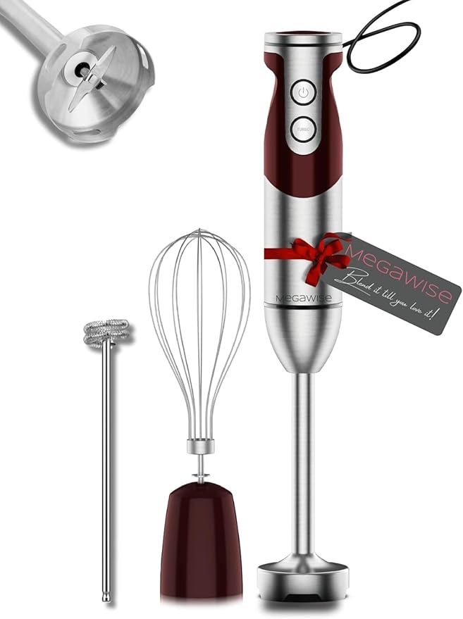 3-in-1 Immersion Hand blender, Powerful MOTOR & Stainless Steel Stick Blender, 4 Sharpe Blades with Whisk, Milk Frother Attachments