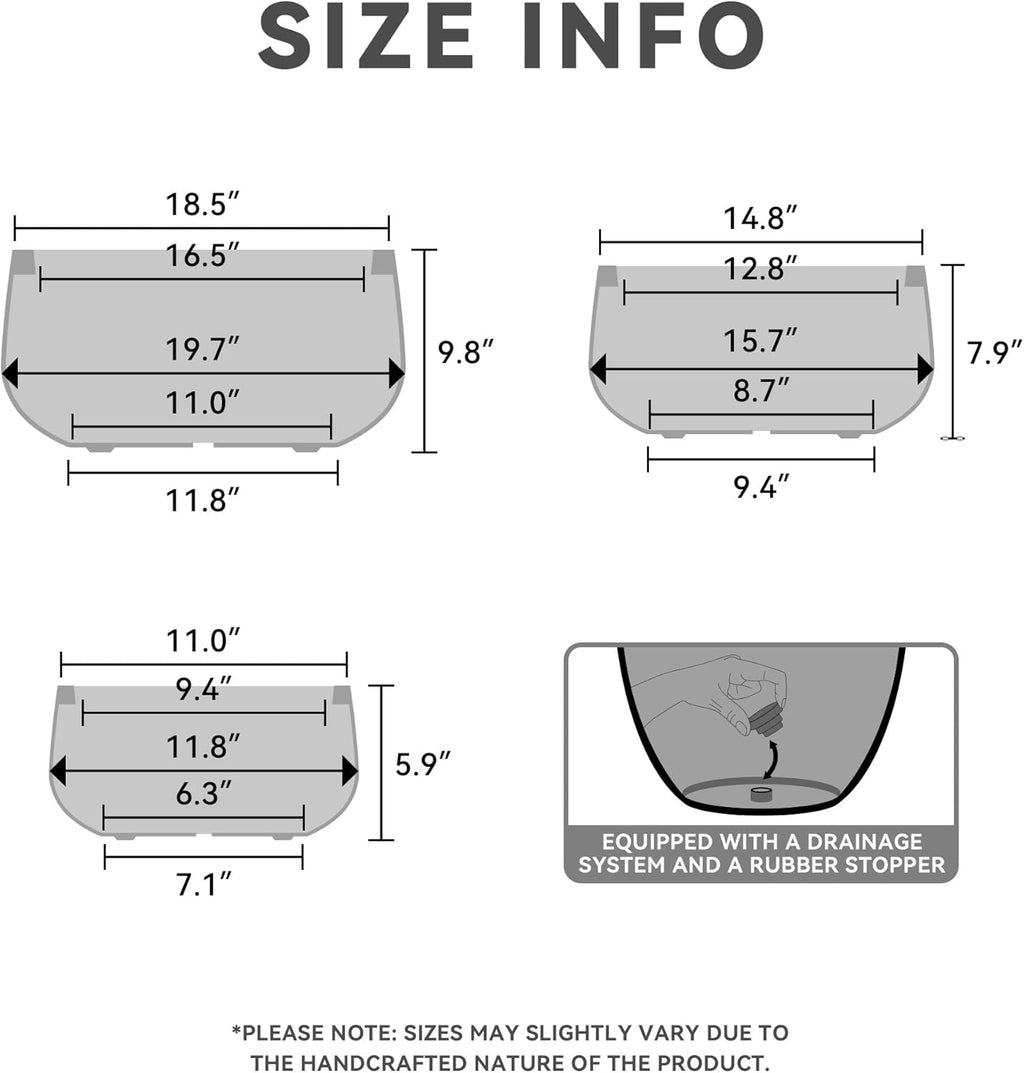 Kante 19.6",15.7",11.8" Dia Round Concrete Planters Set of 3, Outdoor Indoor Garden Plant Pots with Drainage Hole and Rubber Plug, Modern Curvaceous Design, Charcoal