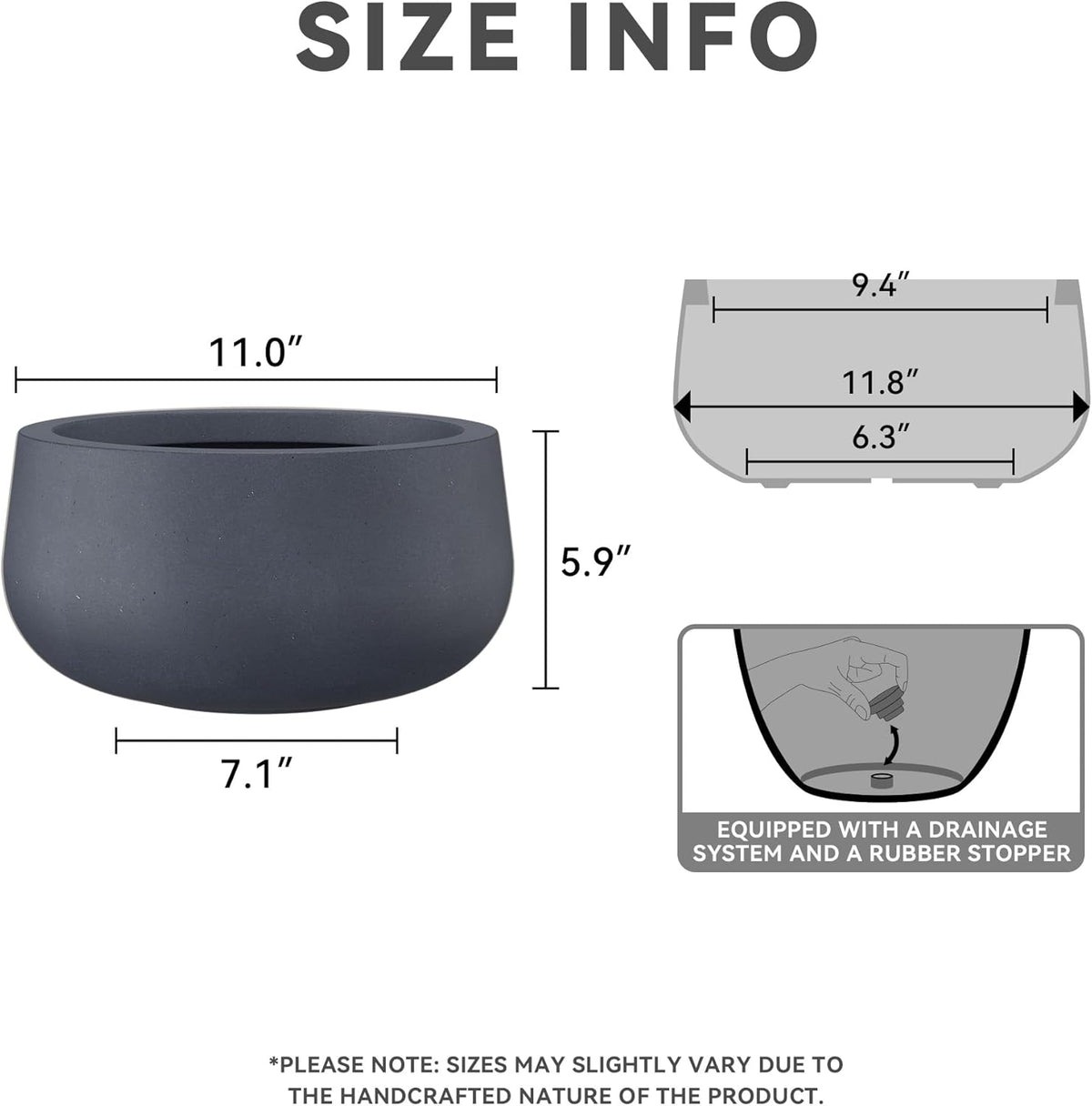 Kante 15.7" Dia Round Concrete Planter, Cement Plant Pots with Drainage Hole and Rubber Plug for Outdoor Indoor Garden Home, Modern Curvaceous Design, Dark Gray