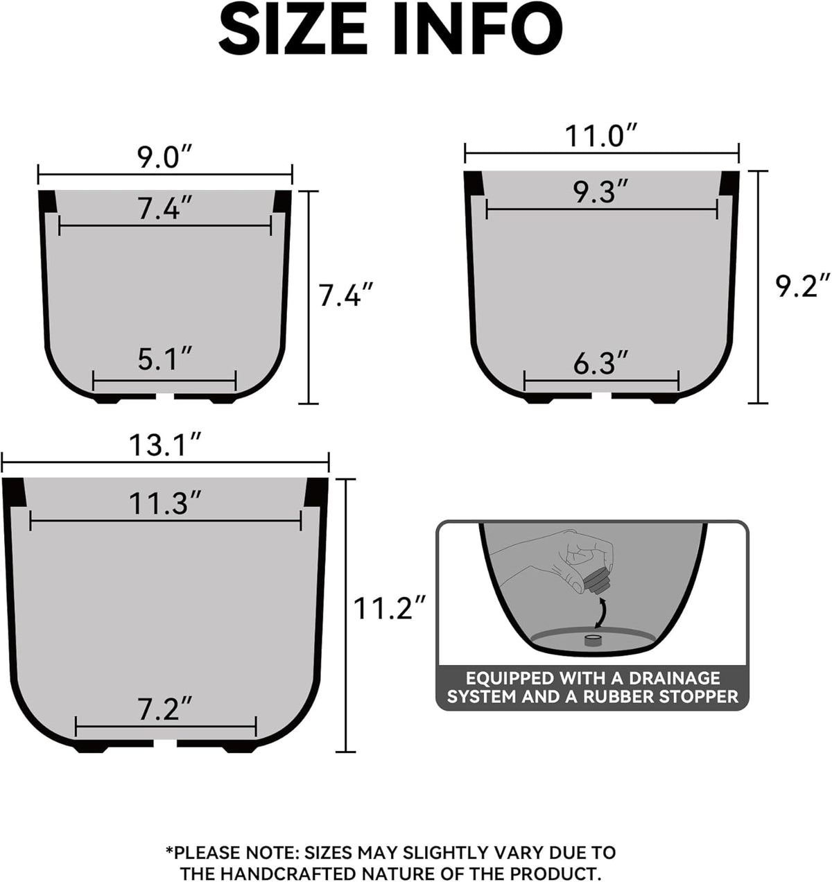 Kante 13",11",9" Dia Weathered Concrete Round Planters (Set of 3), Outdoor Indoor Modern Planter Pots, Lightweight, Weather Resistant, Seamless with Drainage Hole