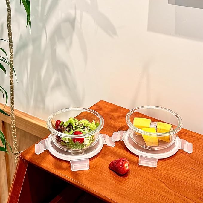 4Pack Round Glass Food Storage Containers With Lids, 1.5 Cup Round Meal Prep Bowls With Lids BPA-Free, Small Glass Food Containers for Soup Leftover, Microwave, Dishwasher, Freezer Safe