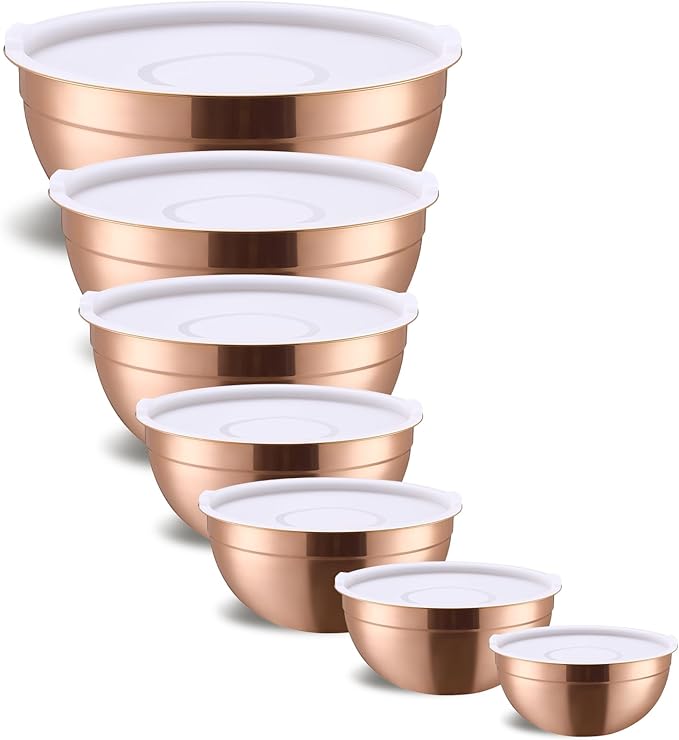 Rose Gold Mixing Bowls With Airtight Lids,Stainless Steel Bowl,Salad Bowls 7 Piece Colorful Nesting Bowl Rose Gold Kitchen Accessories,Size 7,3.6,2.7,2.1,1.5,1.1,0.8QT Stackable Design