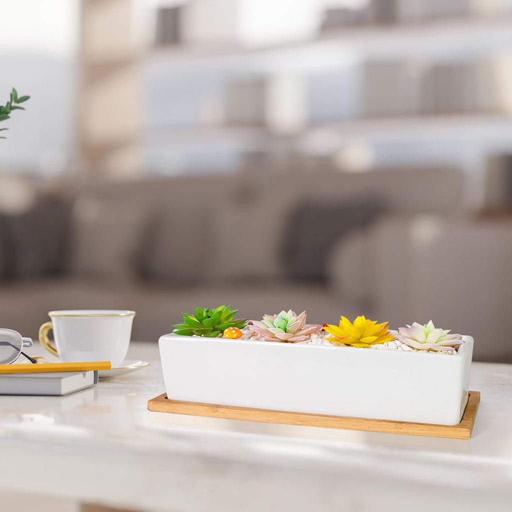 Succulent Pots - 12.1 Inch Large Succulent Pots with Drainage Tray, Window Sill Planter, Long Rectangle Ceramic Pots for Indoor Cactus/Succulent Plants Shallow Bonsai Window Box for Home Garden Decor