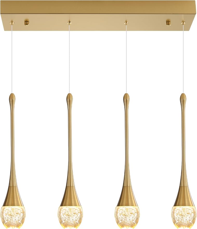 Dining Room Light Fixture 4-Light Gold Kitchen Island Lighting Industrial Linear Crystal Chandeliers for Dining Room Pendant Light Fixture for Living Room Hallway Bedroom
