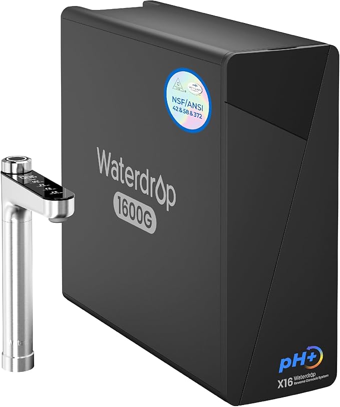 Waterdrop X16-Alkaline Reverse Osmosis Water Filter, NSF/ANSI 42&58&372 Certified, 1600 GPD RO System, 11-Stage Filtration, UnderSink, 3:1 Pure to Drain, Alkaline Mineral pH+, Stainless Steel Faucet