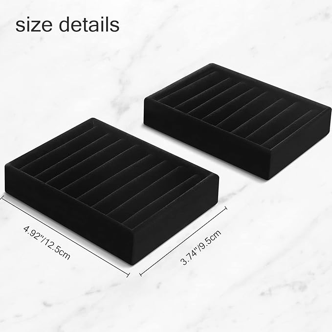 Small Jewelry Tray-Ring Organizer 2PCS Premium Velvet Rings Earrings Display Tray Storage Insert Holder for Jewelry Box, Drawer, Dresser (8 Slots, Black)