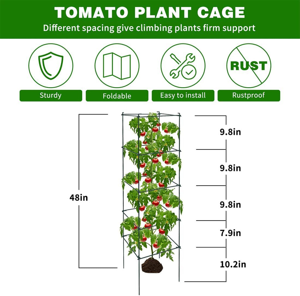 6 Packs Tomato Cages for Garden, 12"×12"×48" Plant Support Cage with Different Spacing, Green Metal Trellis for Climbing Plants Like Cucumber, Flowers