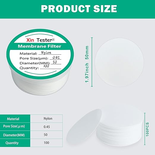 Xin Tester 100 Pieces Nylon Disc Membrane Filters, 50 mm Diameter, 0.45µm Pore Size