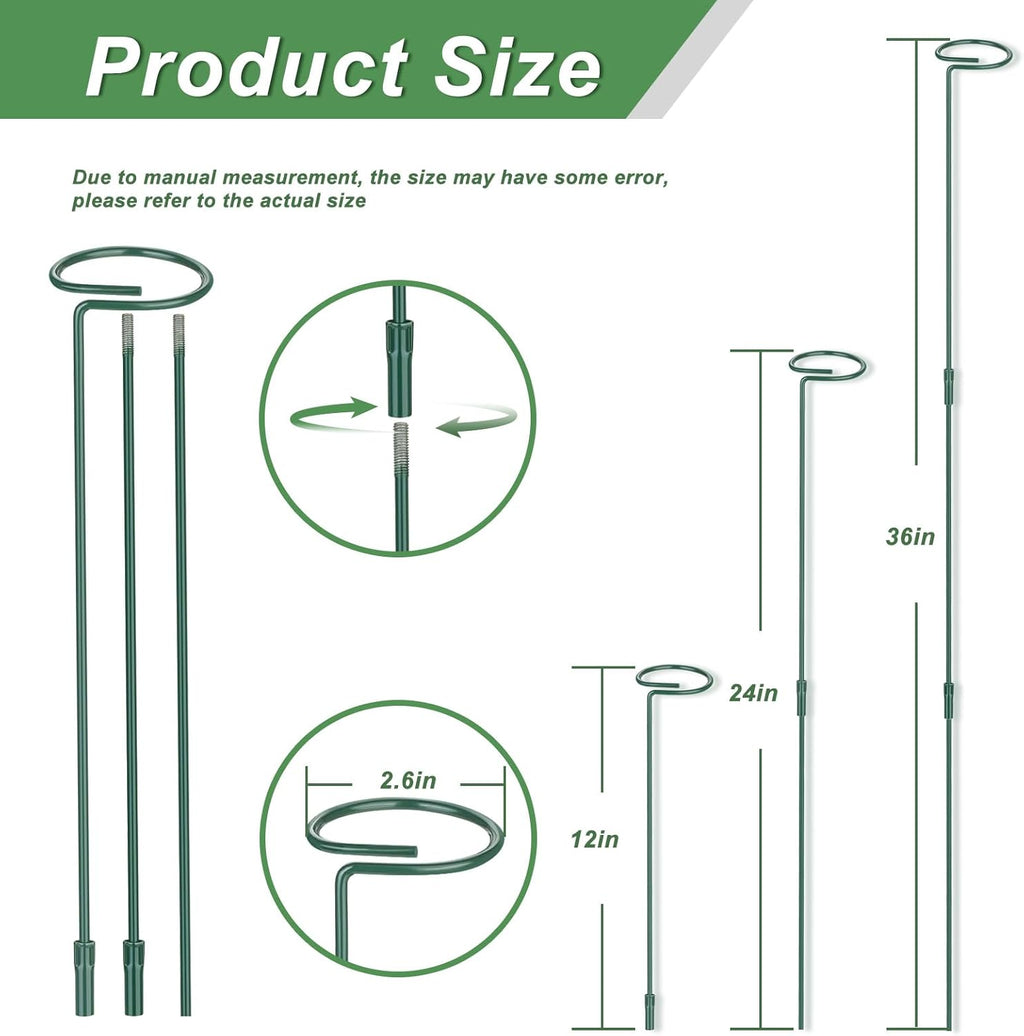 6 Pack (DIY) Plant Support Stakes, Three Sizes (12 or 24 or 36 inch) Plant Support Rings for Outdoor or Indoor, Garden Plant Stakes for Flowers Vegetable Roses Daffodils Tomatoes