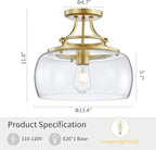 WUZUPS Chandelier Rustic Farmhouse Industrial Round Semi-flushmount Ceiling LED Light Fixture with Clear Glass Shades for Bathroom Kitchen Foyer Entryway, H 11.8" x W 13.4", E26 Base, Gold