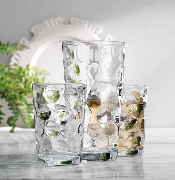 Home Essentials & Beyond Glassware Set 18 Piece Mixed Drinkware Set. 6 Highball Tumblers-17 oz., 6 Rock Whiskey-13 oz., and 6 Juice-7 oz. All Size Glass Cups Drinking Glasses. (Design on Inner Glass)