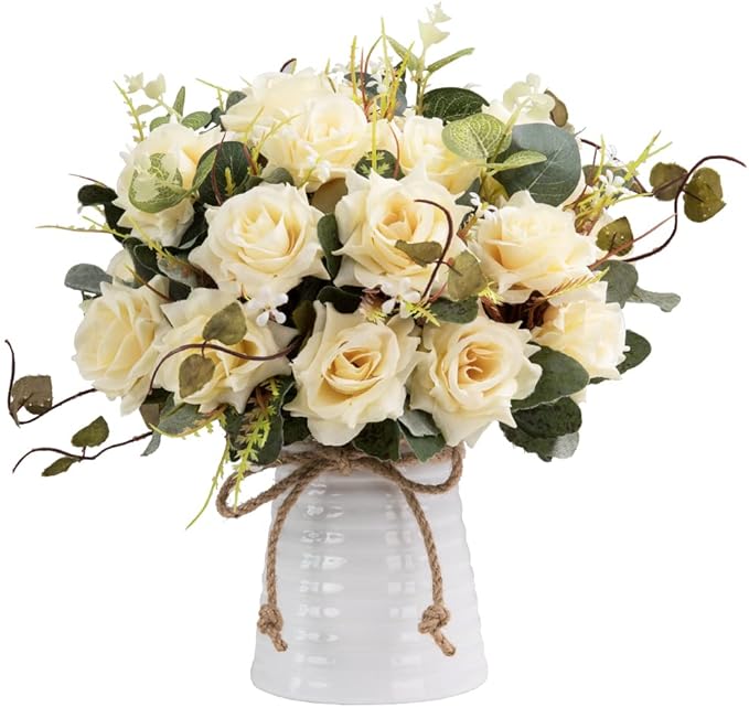 LESING Artificial Rose with Vase, Fake Silk Flowers Bouquets in Vase Table Centerpiece Arrangement for Kitchen Living Room(Champagne-1)