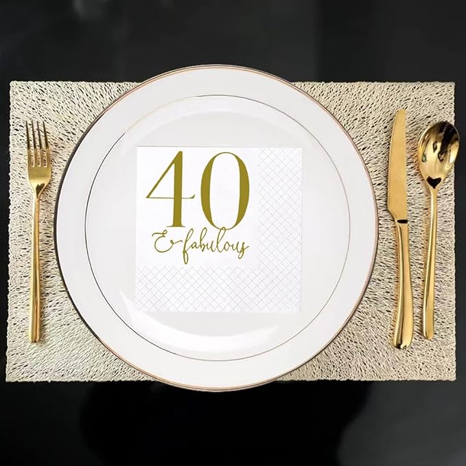 SharkBliss 40 and Fabulous Birthday Cocktail Napkins, 100 Pack Gold 40 and Fabulous Happy Birthday Cocktail Beverage Napkins for His Her Forty 40th Birthday | 2-Ply, 5x5" (40 and Fabulous Napkins)