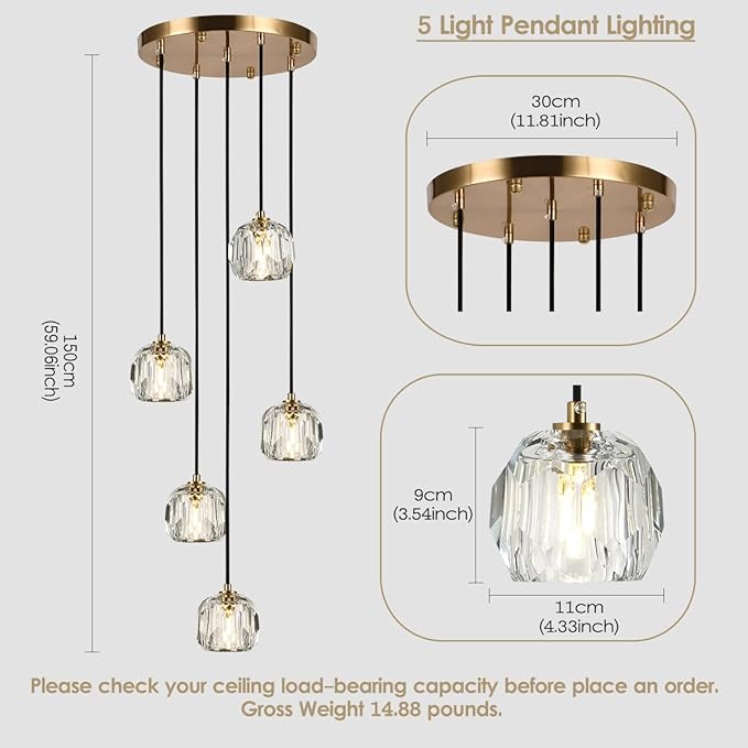 5 Light Pendant Lighting, Brushed Brass Cluster Pendant Light Fixture Kitchen Island, Modern Crystal Pendant Chandelier Hanging Lights for Dining Room Foyer