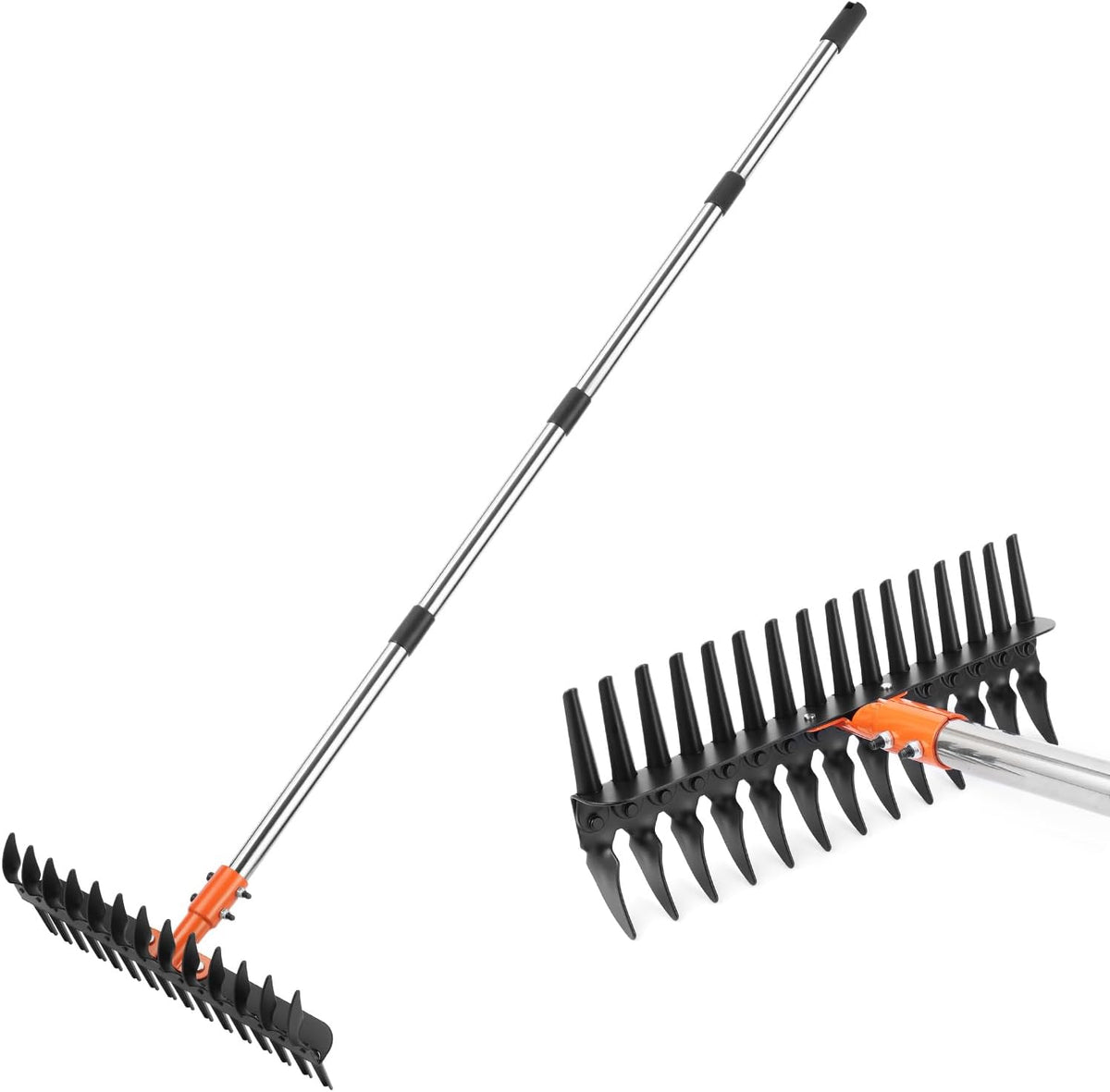 Garden Thatch Rake for Lawn, Heavy Duty Metal Thatching rake with Strong Handle, Wide 15inch Iron Dethatcher Rakes for Yard Leaf & Weed Clean, Soil Loose, Grass Groom
