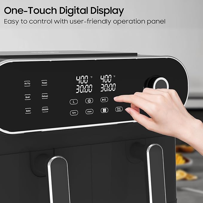 iceagle Dual Air Fryer 11 Quart - 6-in1 Airfryer with 2 Frying Baskets, Precise-control Knob | Sync & Dual Cook Functions to Ary Fry, Roast, Broil, Reheat and Dehydrate for Easy and Crispy Meals