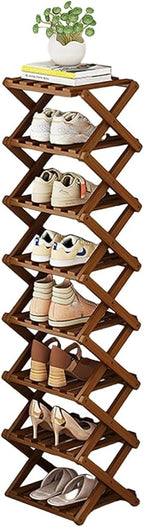 YYW Bamboo Shoe Rack for Entryway,Installation-Free and Foldable Vertical Shoe Storage Organizer,Free Standing Shoe Racks Shelf Closet Shoe Organizer for Living Room (Tawny-8 Layers)