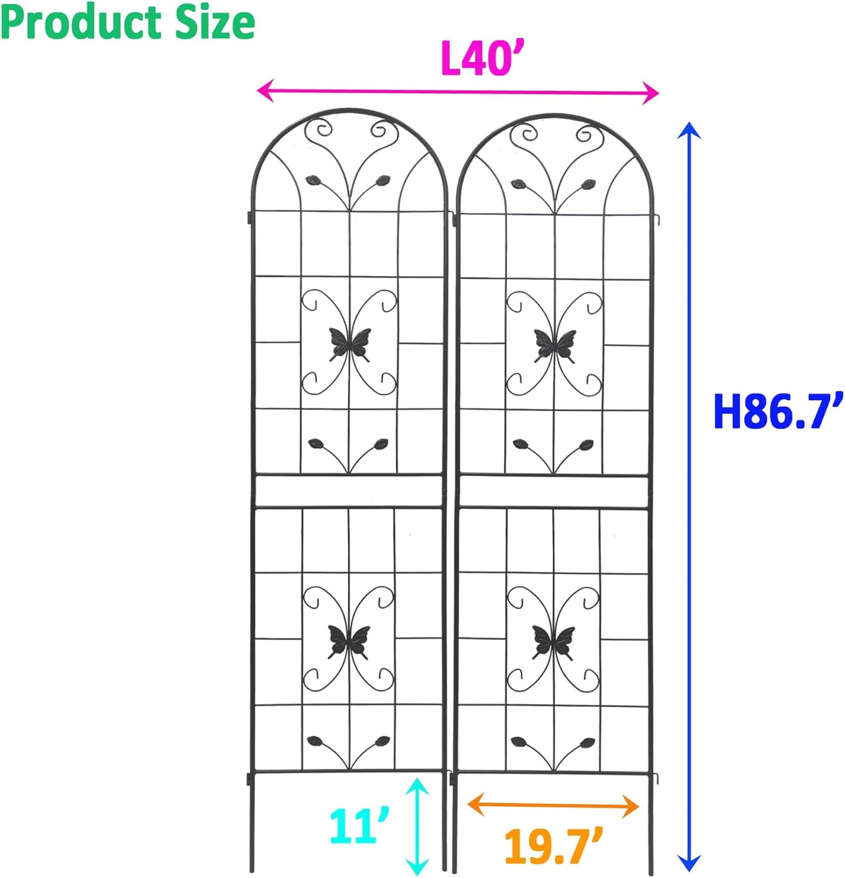 2 Pack Metal Garden Trellis 86.7" Black Fence Rustproof Garden Trellis for Climbing Plants Support Roses Flower Outdoor Lawn, Black
