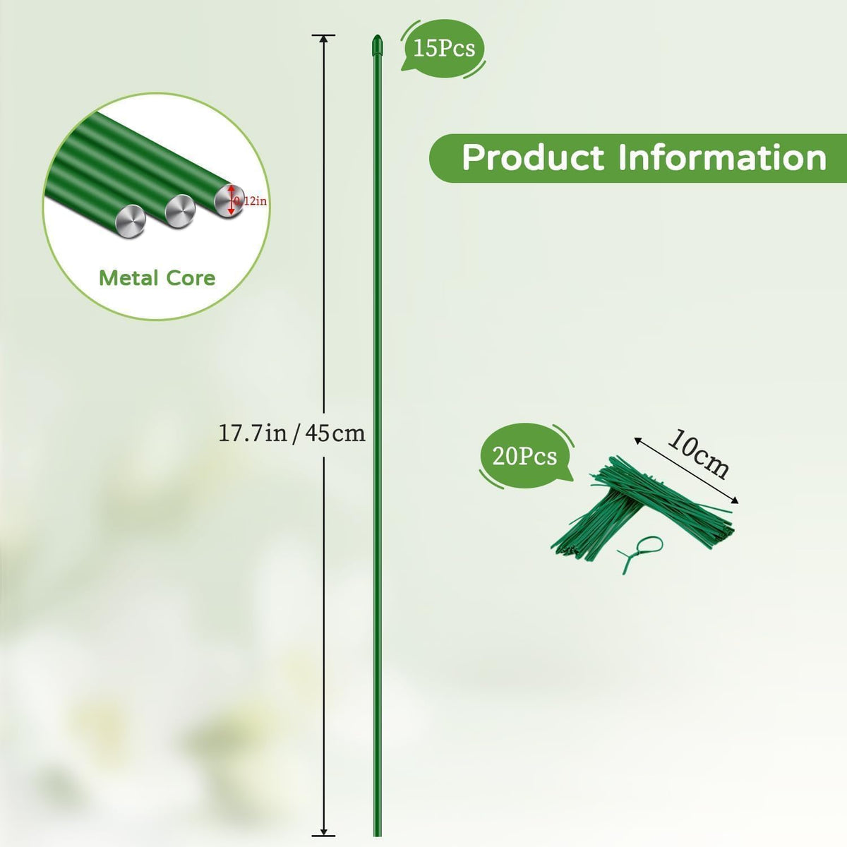 Invisible Plant Support Stakes Bendable 17.7 Inch SupKing 15Pcs Small Plant Sticks Orchid Stakes Green Stem Metal Support Pole Rods for Garden Indoor Outdoor Potted Plants Peony Rose,Comes 20Pcs Ties