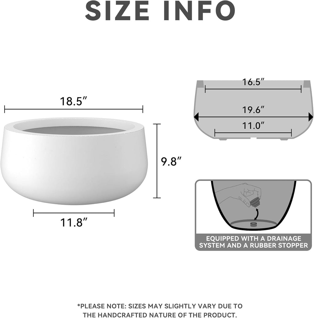 Kante 19.6" Dia Round Concrete Planter, Outdoor Indoor Garden Plant Pots with Drainage Hole and Rubber Plug, Modern Curvaceous Design, Pure White