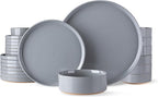AmorArc Ceramic Dinnerware Set for 8 | Speckled Stoneware Plates and Bowls with Rustic Terracotta Underside| Scratch Resistant,Dishwasher & Microwave Safe Dishes Sets- 24pcs Gray